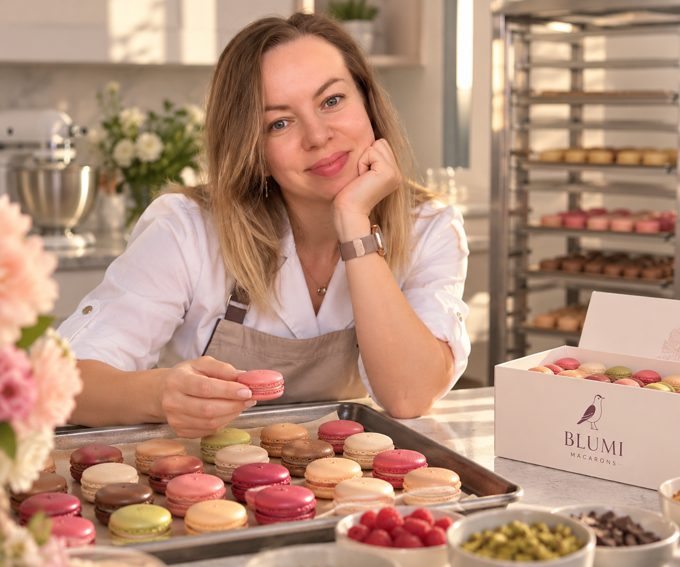 Yuliya, founder of BLUMI Macarons, with handcrafted macarons in a pastry kitchen