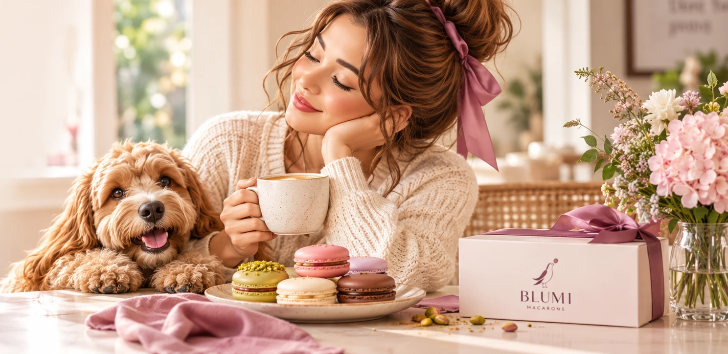 A joyful BLUMI moment: smiling woman, happy dog, coffee and macarons